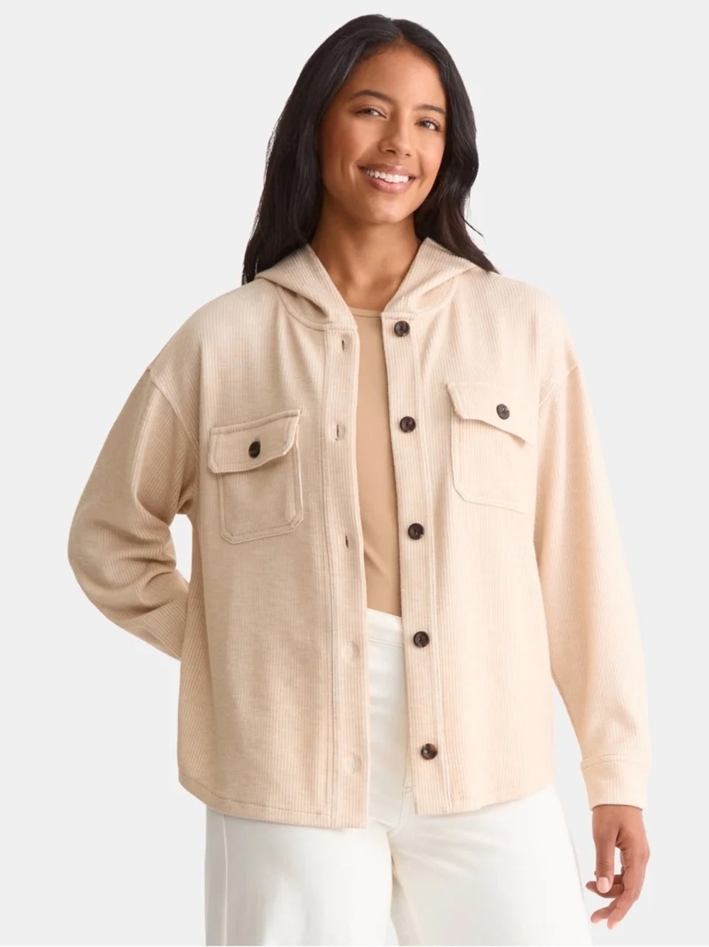 Time and Tru Women’s XL Beige Corduroy Hooded Shacket Button Front Oversized